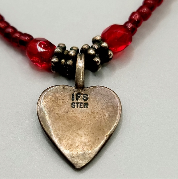 Sterling Silver red seed bead heart necklace signed IFS STER - Picture 3 of 6